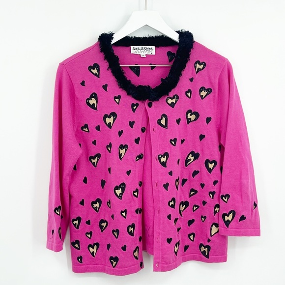 Vintage Y2K Legally Blonde Faux Fur Collar Heart Pink Cardigan Sweater SZ M - Picture 4 of 5